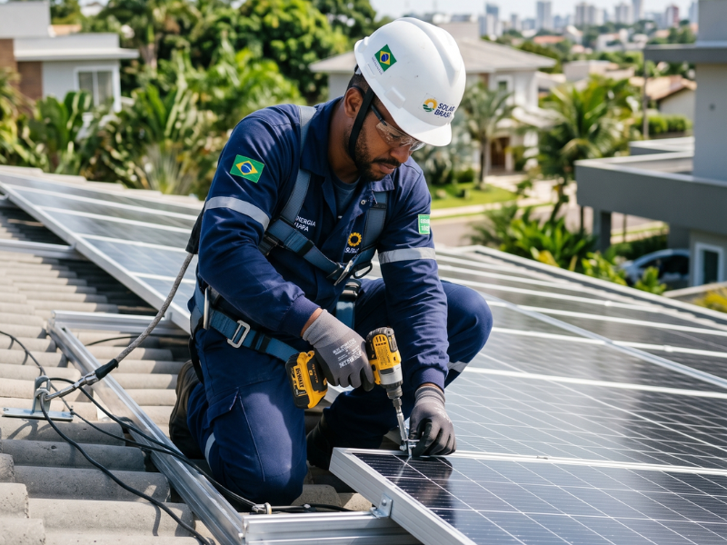 Técnico instalando painéis solares